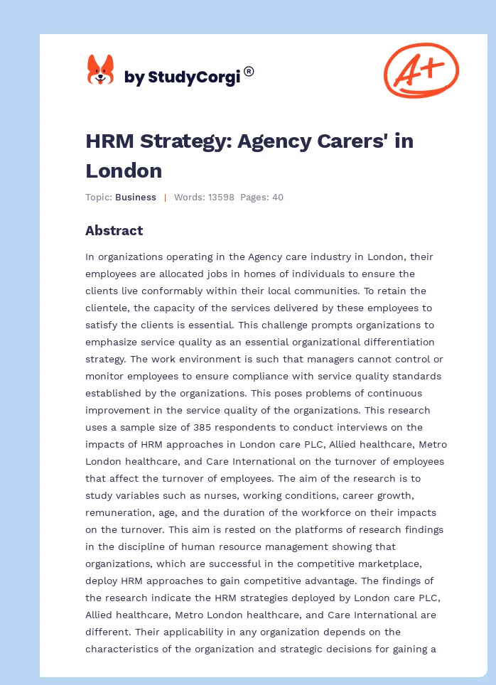 HRM Strategy: Agency Carers' in London. Page 1