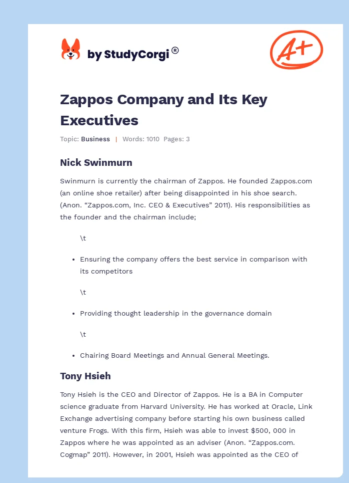 Zappos Company and Its Key Executives. Page 1