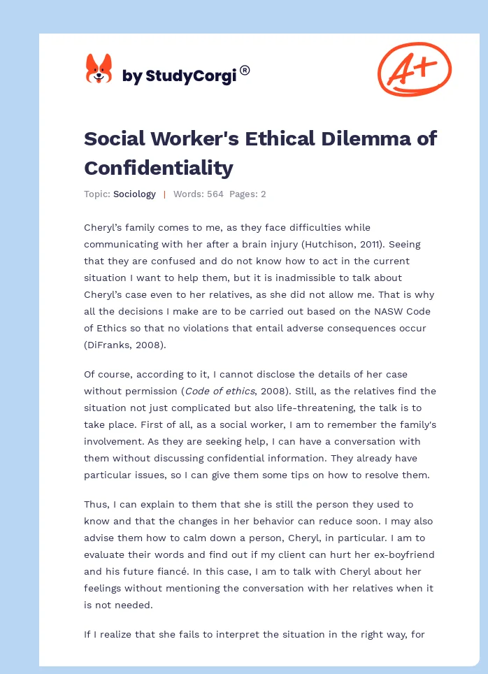 Social Worker's Ethical Dilemma of Confidentiality. Page 1
