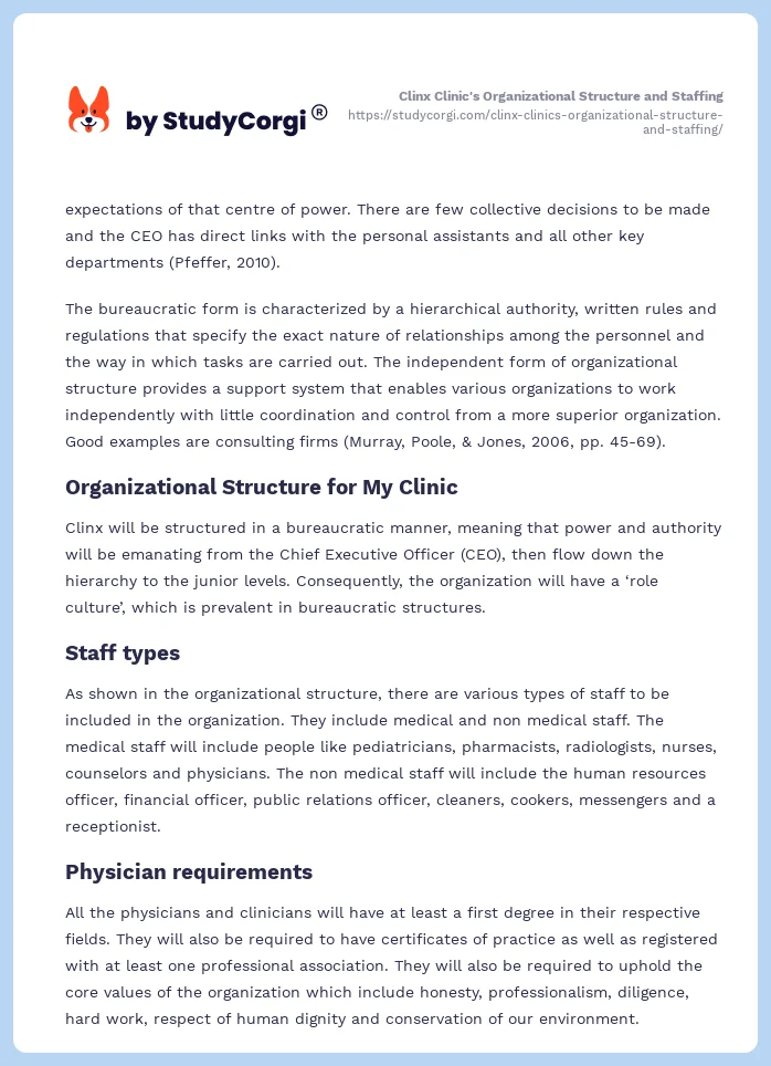 Clinx Clinic's Organizational Structure and Staffing. Page 2