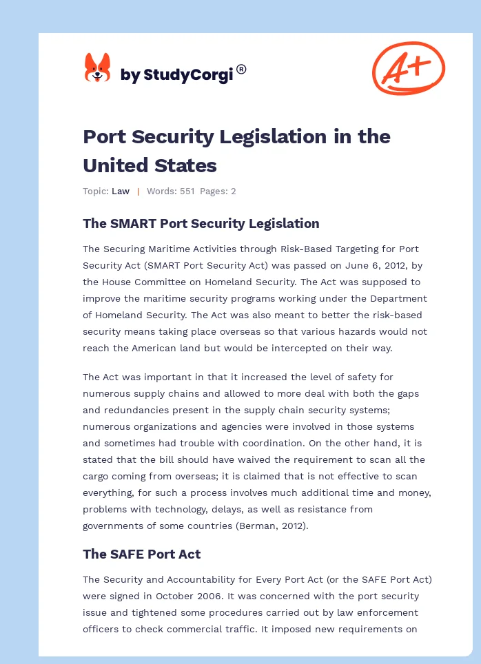 Port Security Legislation in the United States. Page 1