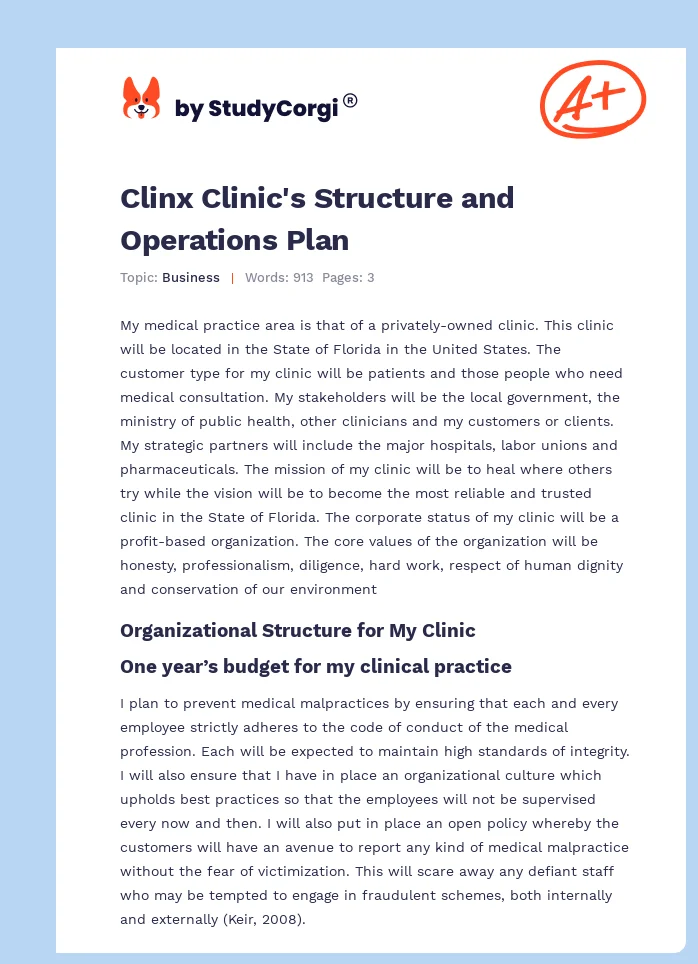 Clinx Clinic's Structure and Operations Plan. Page 1