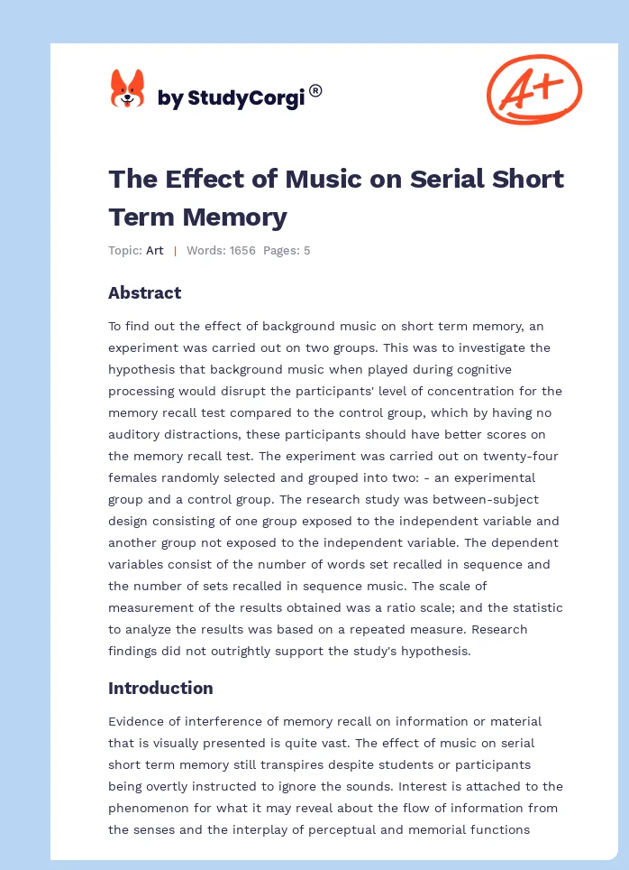 The Effect of Music on Serial Short Term Memory. Page 1