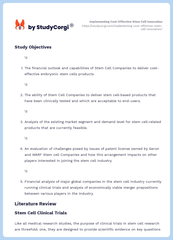 Implementing Cost-Effective Stem Cell Innovation. Page 2