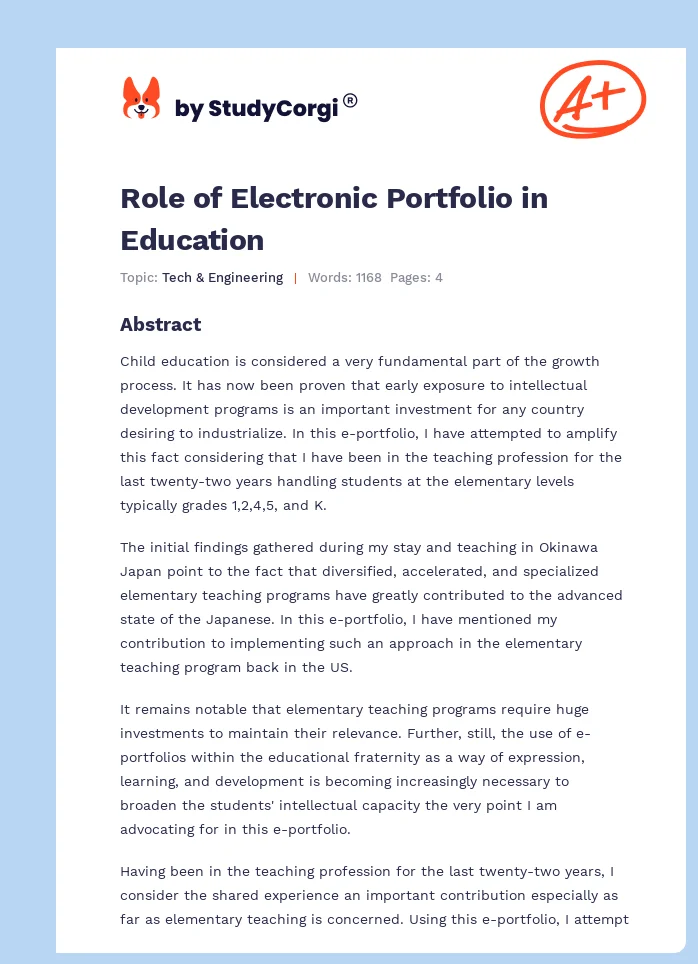 Role of Electronic Portfolio in Education. Page 1