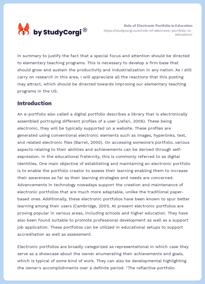 Role of Electronic Portfolio in Education. Page 2