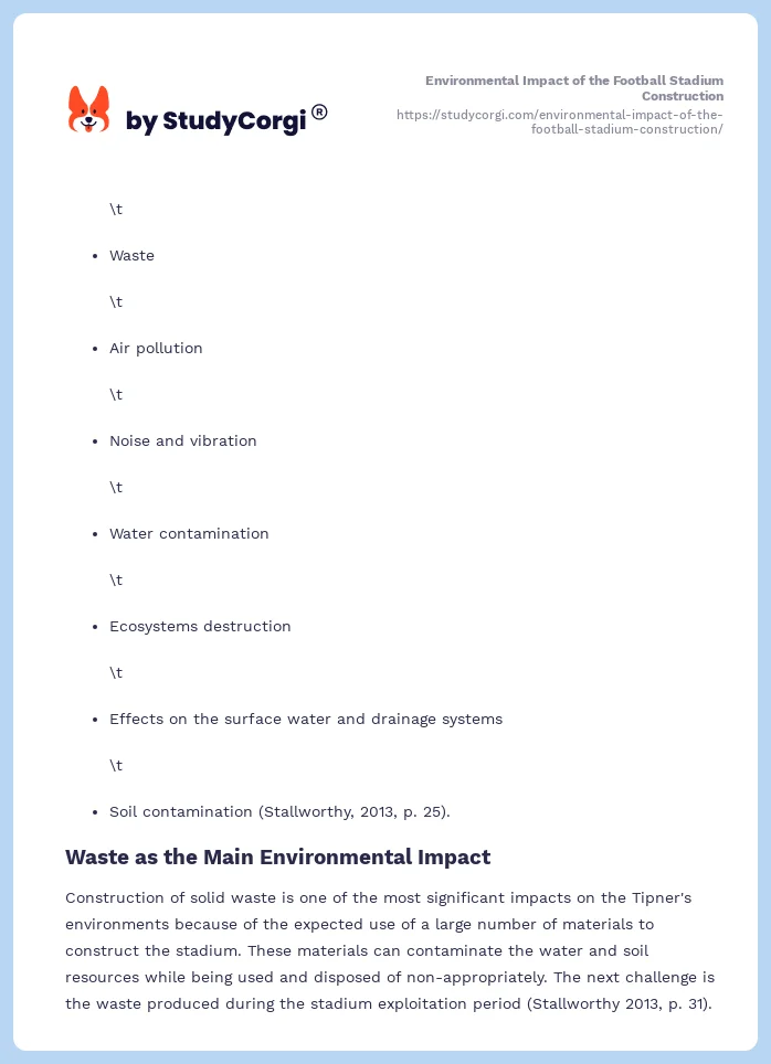Environmental Impact of the Football Stadium Construction. Page 2