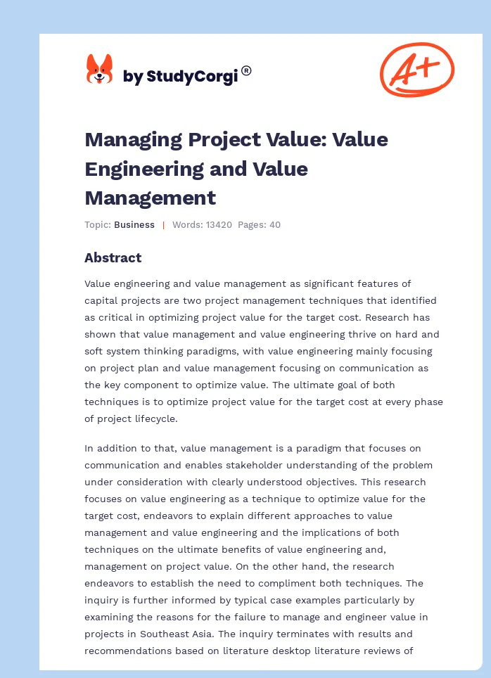 Managing Project Value: Value Engineering and Value Management. Page 1