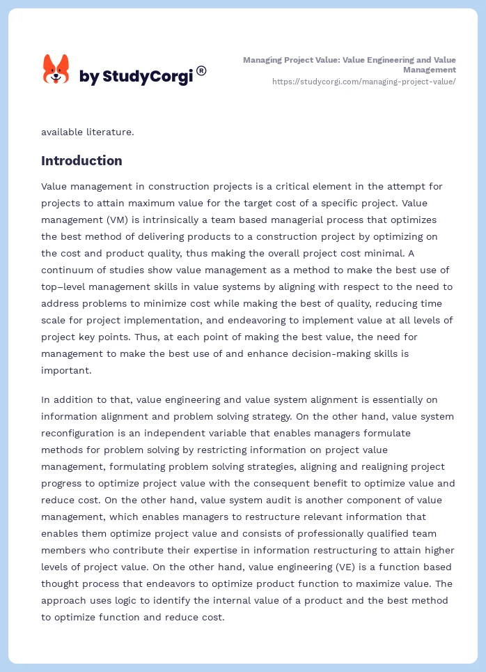 Managing Project Value: Value Engineering and Value Management. Page 2
