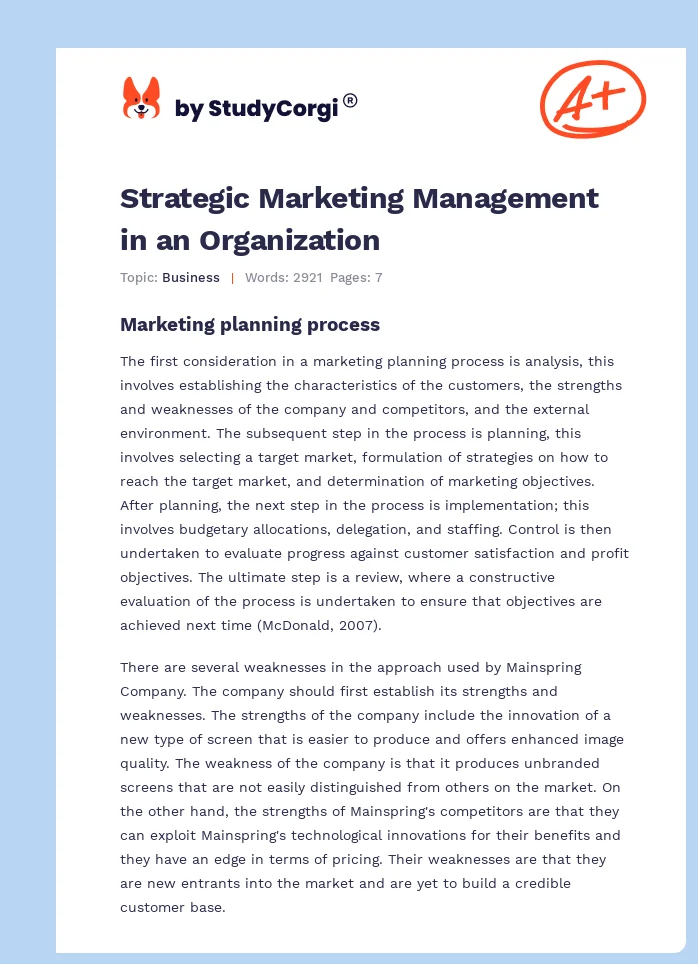 Strategic Marketing Management in an Organization. Page 1