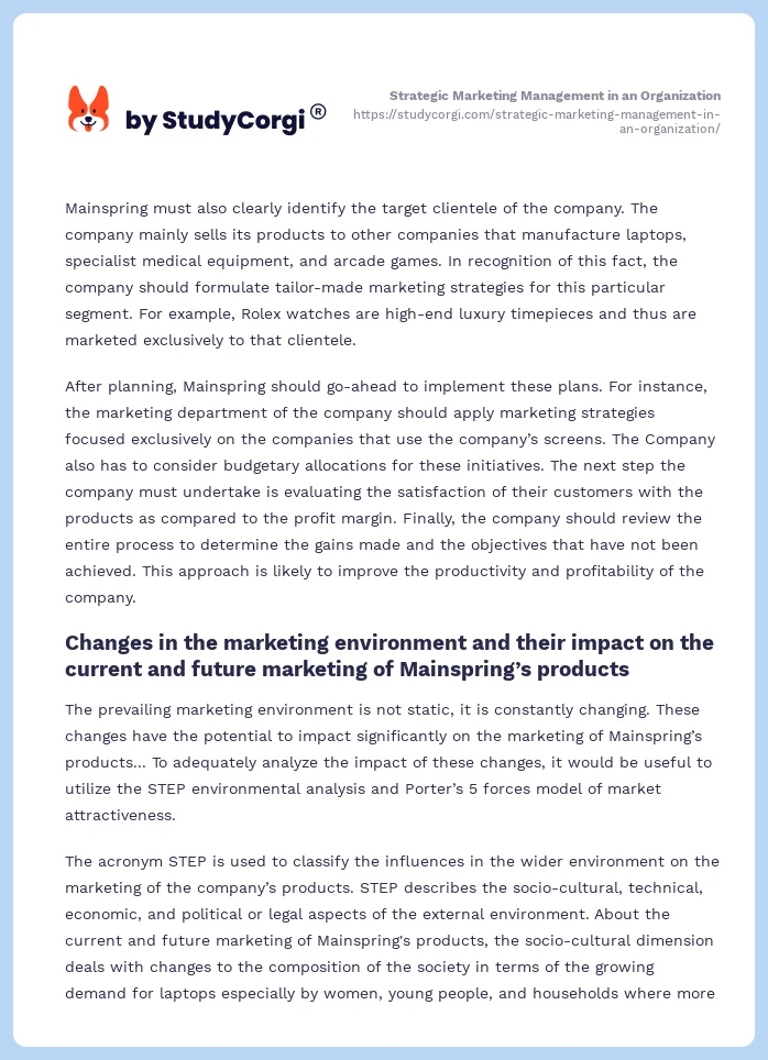 Strategic Marketing Management in an Organization. Page 2