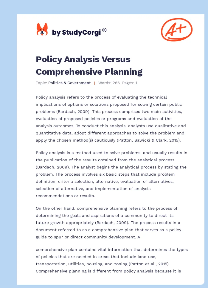 Policy Analysis Versus Comprehensive Planning. Page 1