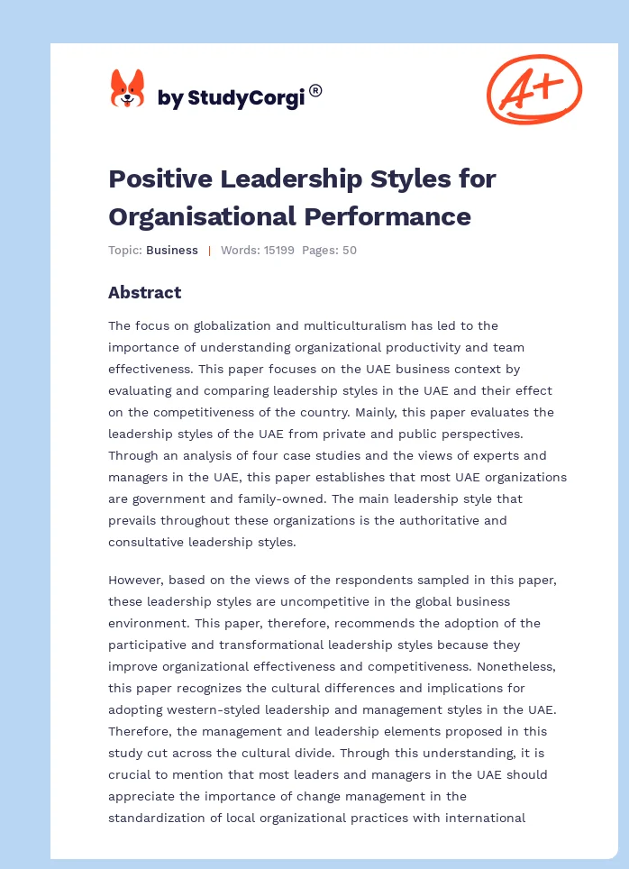Positive Leadership Styles for Organisational Performance. Page 1
