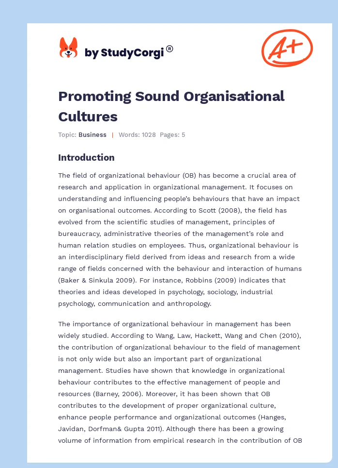 Promoting Sound Organisational Cultures. Page 1