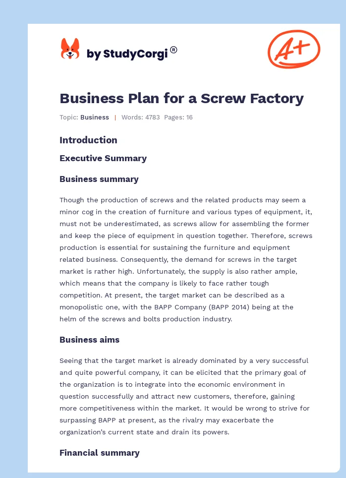 Business Plan for a Screw Factory. Page 1