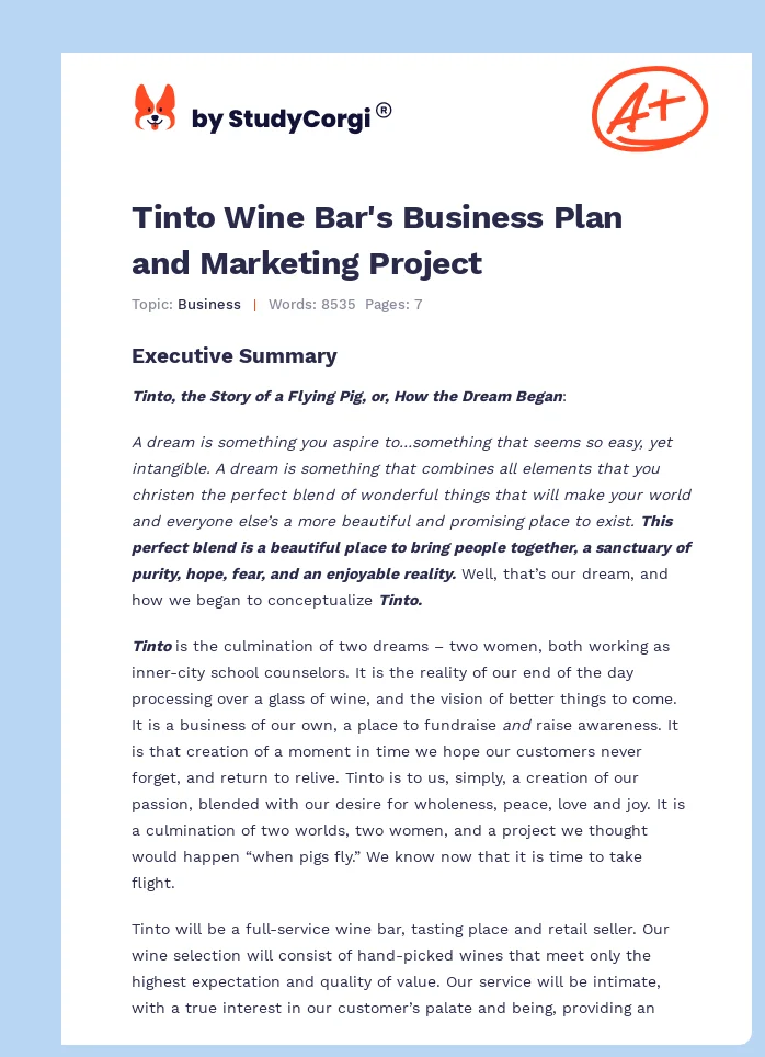Tinto Wine Bar's Business Plan and Marketing Project. Page 1