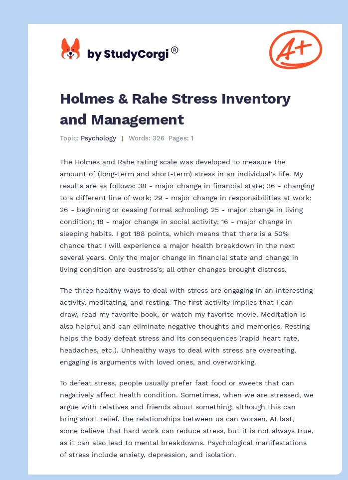 Holmes & Rahe Stress Inventory and Management. Page 1