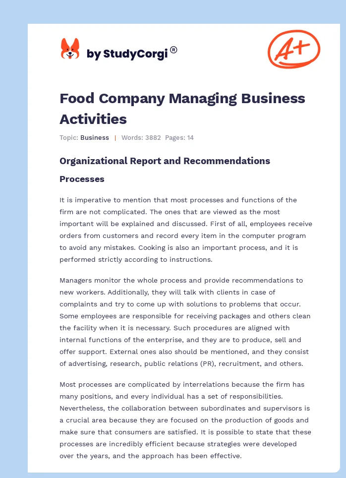 Food Company Managing Business Activities. Page 1