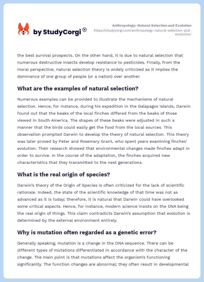 Anthropology: Natural Selection and Evolution. Page 2
