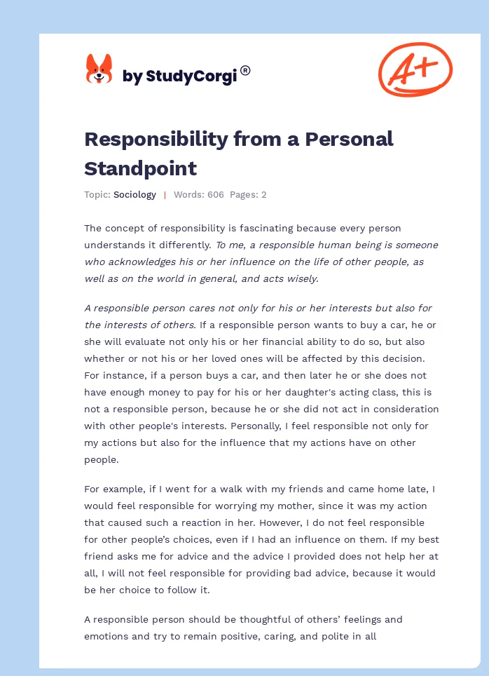 Responsibility from a Personal Standpoint. Page 1