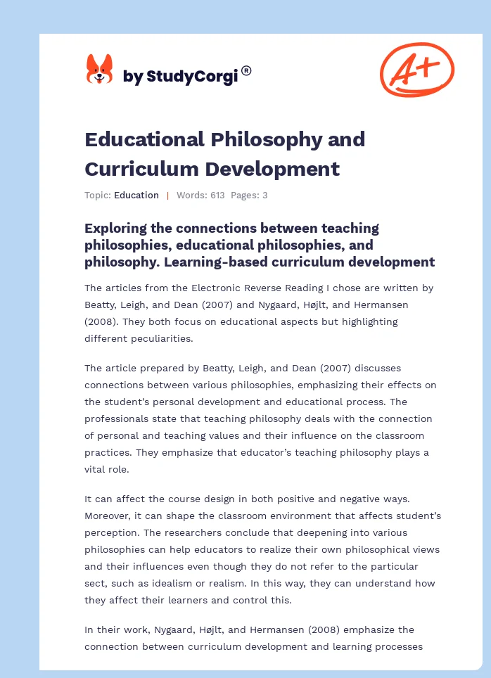 Educational Philosophy and Curriculum Development. Page 1