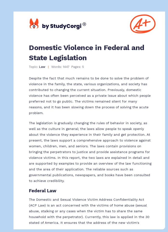 Domestic Violence in Federal and State Legislation. Page 1