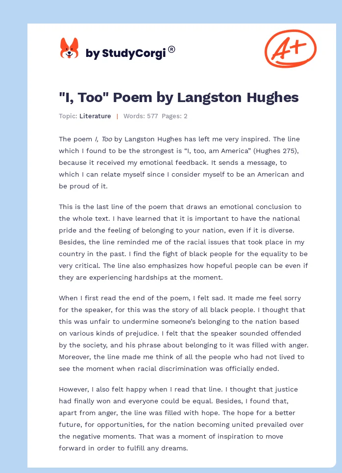 "I, Too" Poem by Langston Hughes. Page 1