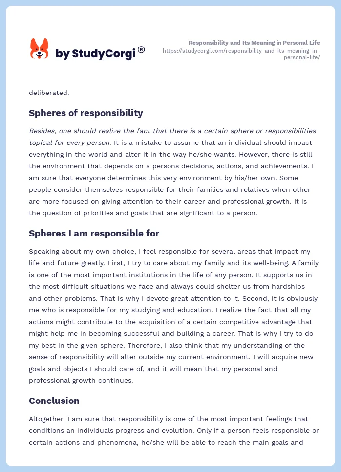 Responsibility and Its Meaning in Personal Life. Page 2
