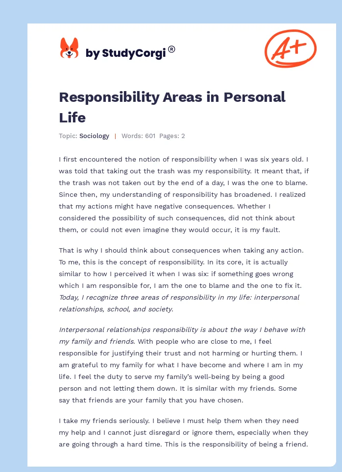 Responsibility Areas in Personal Life. Page 1