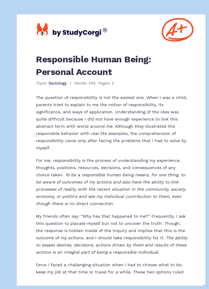 Responsible Human Being: Personal Account. Page 1
