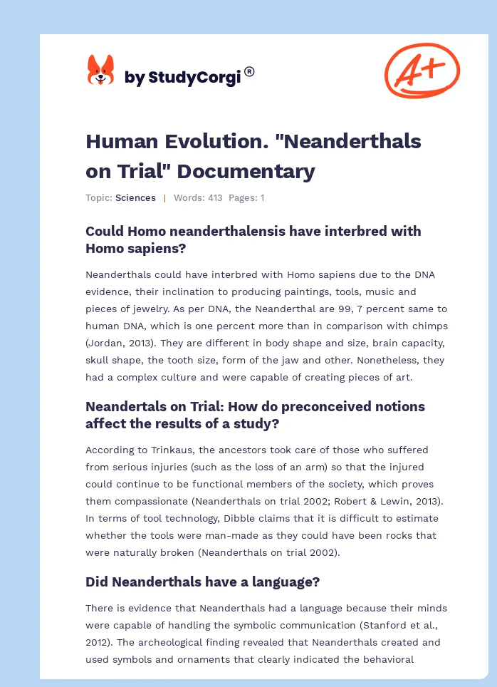 Human Evolution. "Neanderthals on Trial" Documentary. Page 1