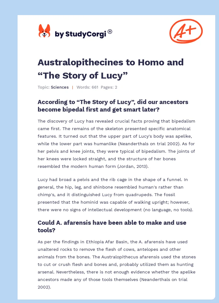Australopithecines to Homo and “The Story of Lucy”. Page 1