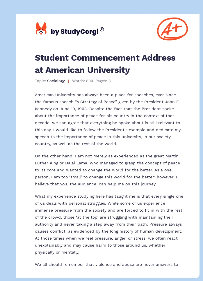 Student Commencement Address at American University. Page 1