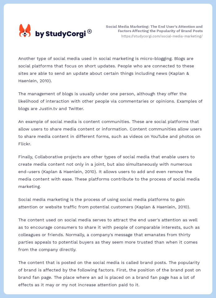 Social Media Marketing: The End User’s Attention and Factors Affecting the Popularity of Brand Posts. Page 2