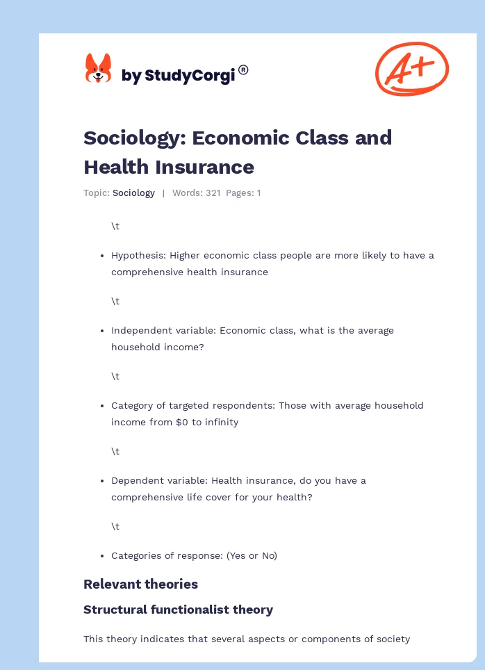 Sociology: Economic Class and Health Insurance. Page 1