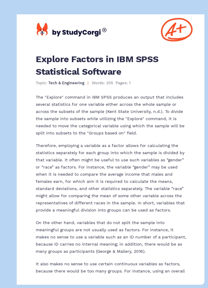 Explore Factors in IBM SPSS Statistical Software. Page 1