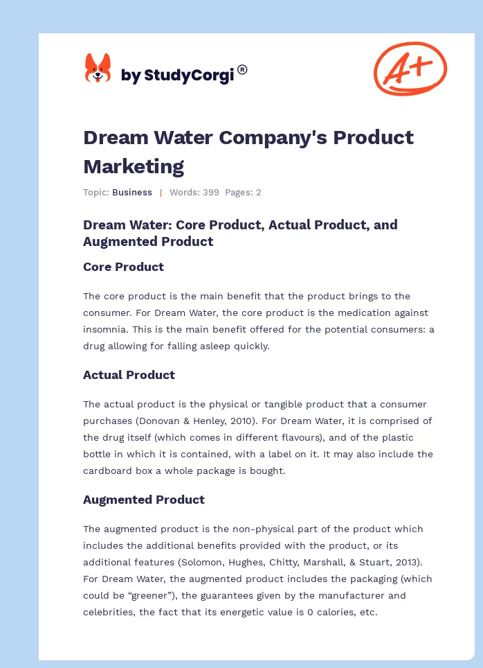 Dream Water Company's Product Marketing. Page 1