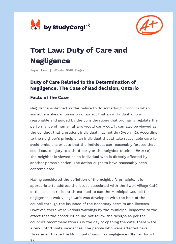 Tort Law: Duty of Care and Negligence. Page 1