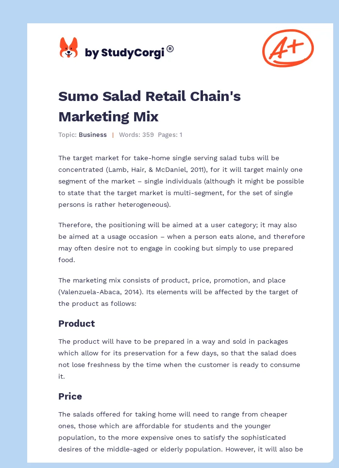 Sumo Salad Retail Chain's Marketing Mix. Page 1