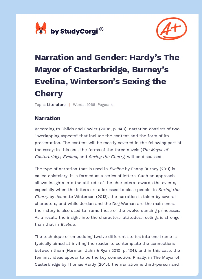Narration and Gender: Hardy’s The Mayor of Casterbridge, Burney’s Evelina, Winterson’s Sexing the Cherry. Page 1