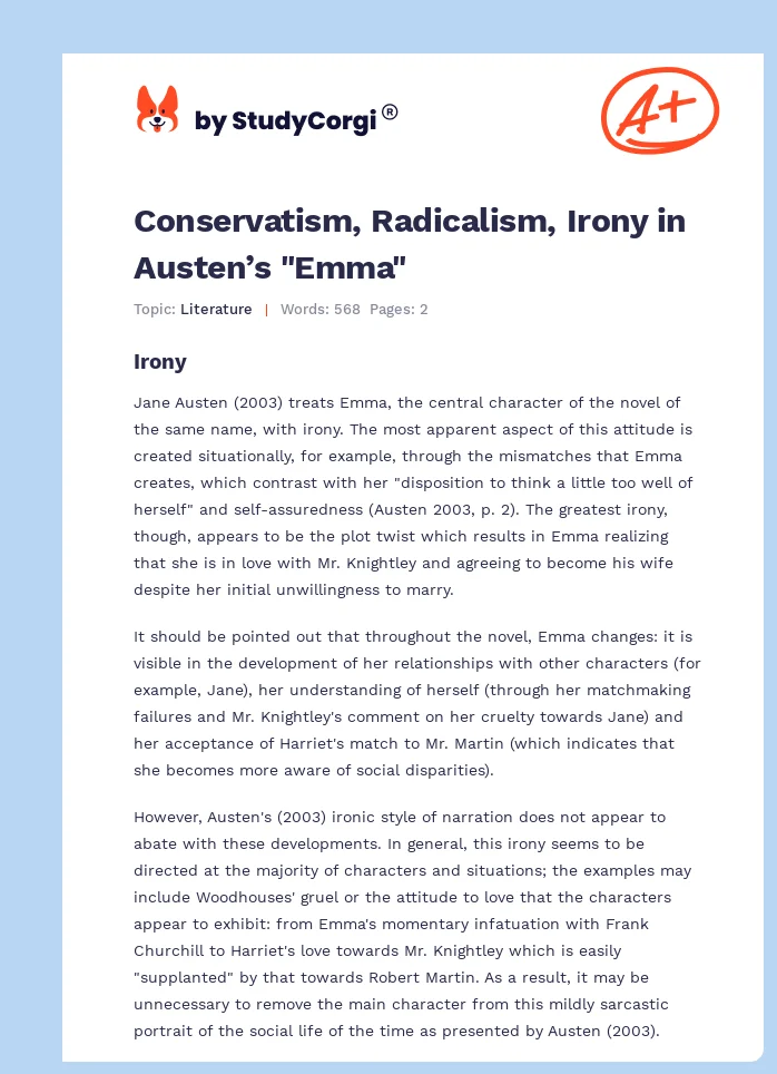 Conservatism, Radicalism, Irony in Austen’s "Emma". Page 1