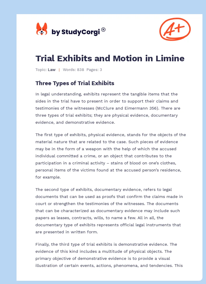 Trial Exhibits and Motion in Limine. Page 1