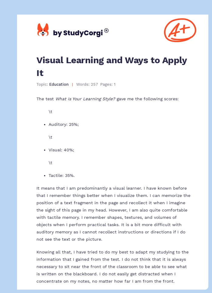 Visual Learning and Ways to Apply It. Page 1