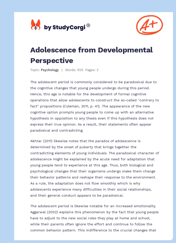 Adolescence from Developmental Perspective. Page 1