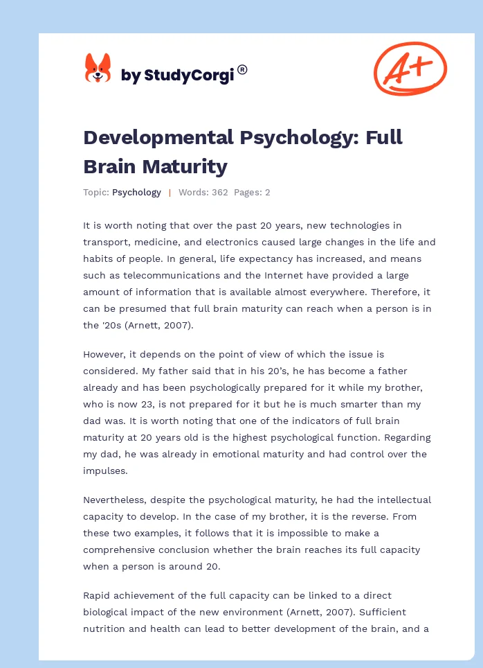 Developmental Psychology: Full Brain Maturity. Page 1