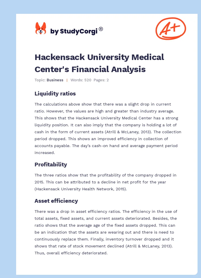 Hackensack University Medical Center's Financial Analysis. Page 1