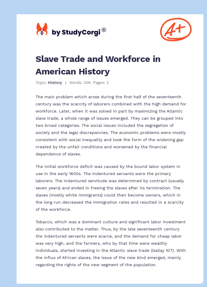 Slave Trade and Workforce in American History. Page 1