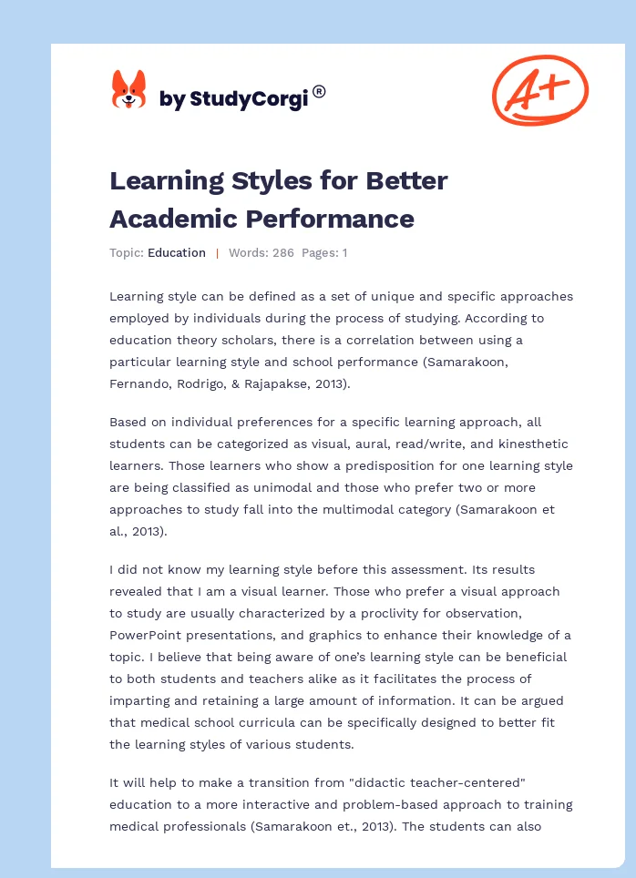 Learning Styles for Better Academic Performance. Page 1
