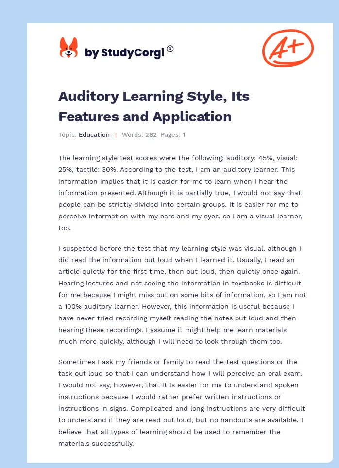 Auditory Learning Style, Its Features and Application. Page 1