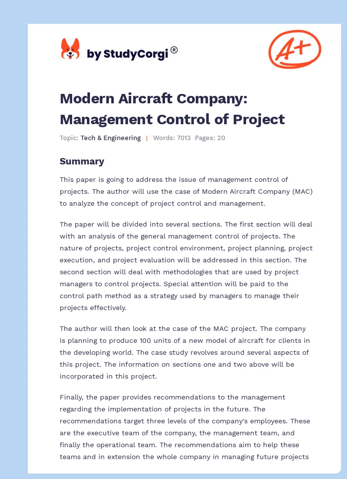 Modern Aircraft Company: Management Control of Project. Page 1